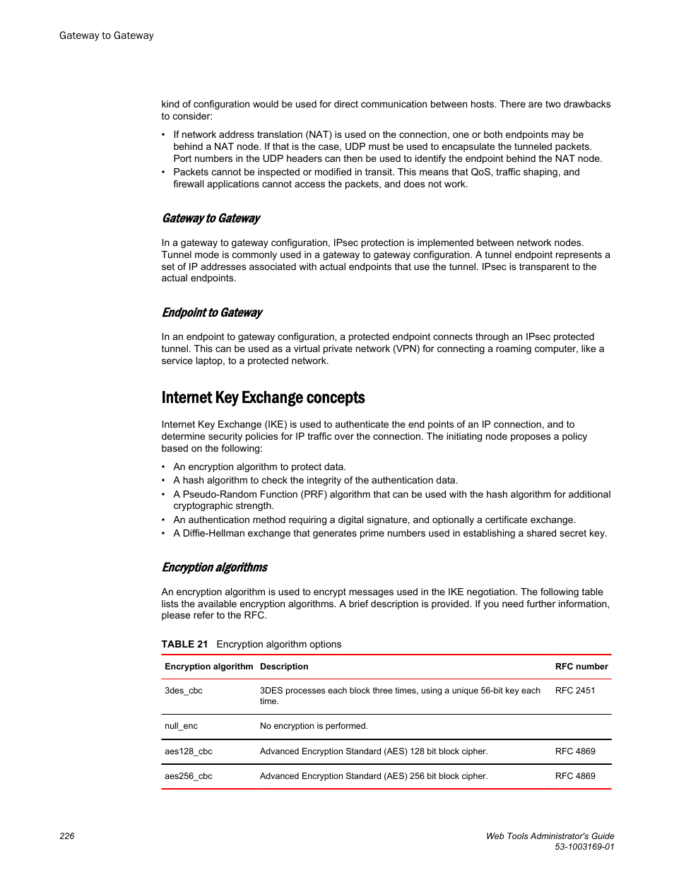 Gateway to gateway, Endpoint to gateway, Internet key exchange concepts | Encryption algorithms | Brocade Web Tools Administrators Guide (Supporting Fabric OS v7.3.0) User Manual | Page 226 / 274