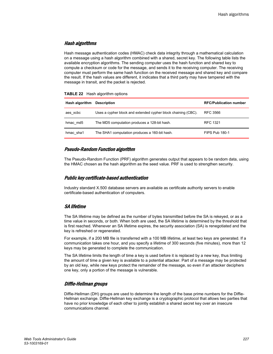 Hash algorithms, Pseudo-random function algorithm, Public key certificate-based authentication | Sa lifetime, Diffie-hellman groups | Brocade Web Tools Administrators Guide (Supporting Fabric OS v7.3.0) User Manual | Page 227 / 274