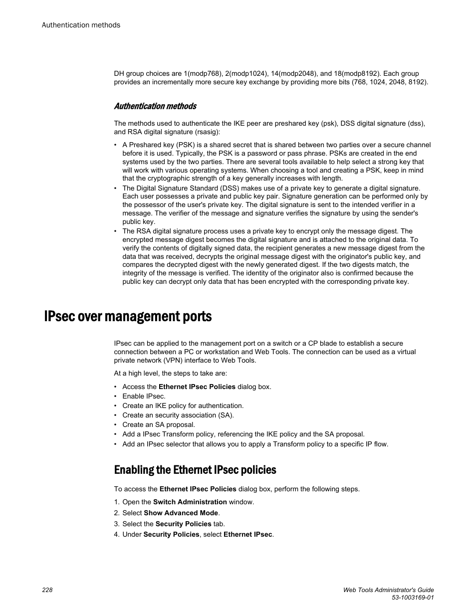 Authentication methods, Ipsec over management ports, Enabling the ethernet ipsec policies | Brocade Web Tools Administrators Guide (Supporting Fabric OS v7.3.0) User Manual | Page 228 / 274