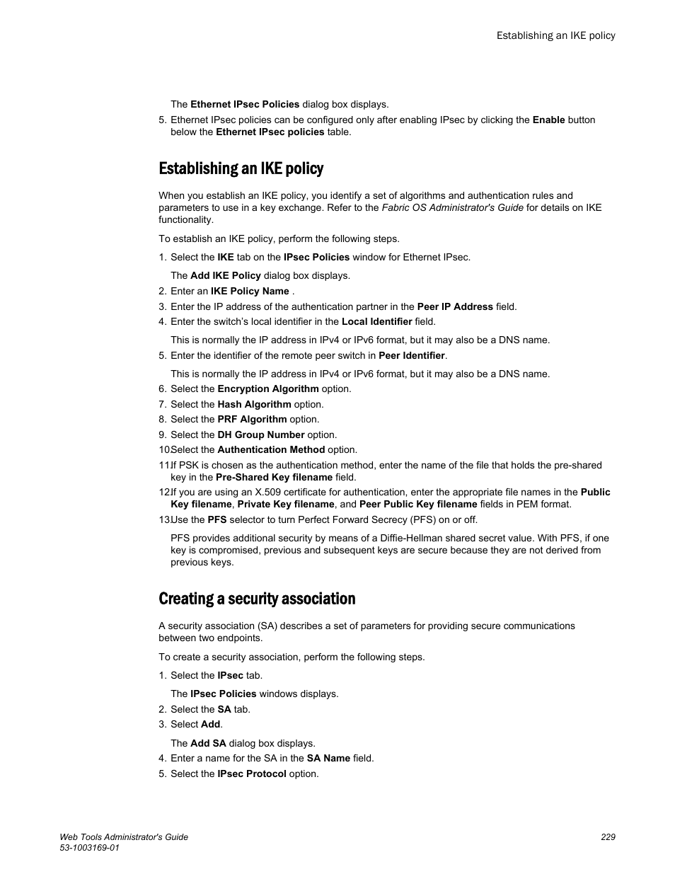 Establishing an ike policy, Creating a security association | Brocade Web Tools Administrators Guide (Supporting Fabric OS v7.3.0) User Manual | Page 229 / 274