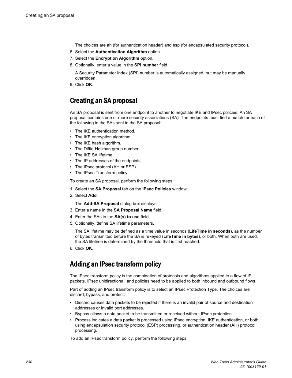 Creating an sa proposal, Adding an ipsec transform policy | Brocade Web Tools Administrators Guide (Supporting Fabric OS v7.3.0) User Manual | Page 230 / 274