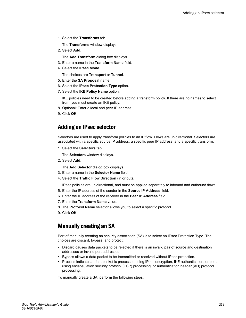 Adding an ipsec selector, Manually creating an sa, Adding an ipsec selector manually creating an sa | Brocade Web Tools Administrators Guide (Supporting Fabric OS v7.3.0) User Manual | Page 231 / 274