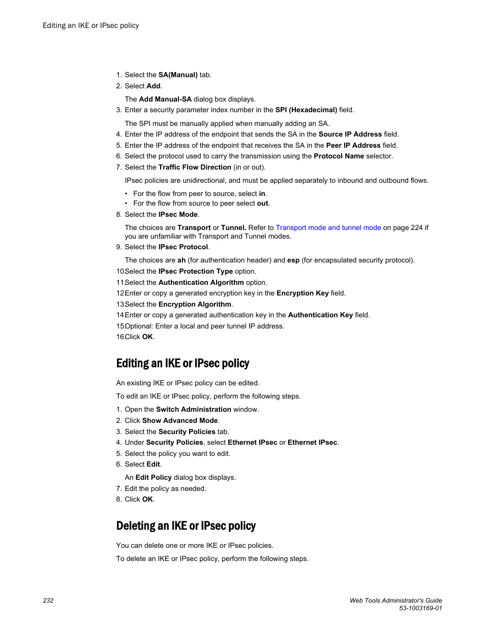 Editing an ike or ipsec policy, Deleting an ike or ipsec policy | Brocade Web Tools Administrators Guide (Supporting Fabric OS v7.3.0) User Manual | Page 232 / 274