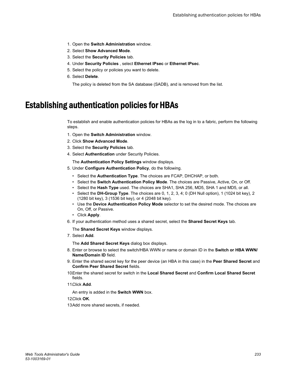 Establishing authentication policies for hbas | Brocade Web Tools Administrators Guide (Supporting Fabric OS v7.3.0) User Manual | Page 233 / 274