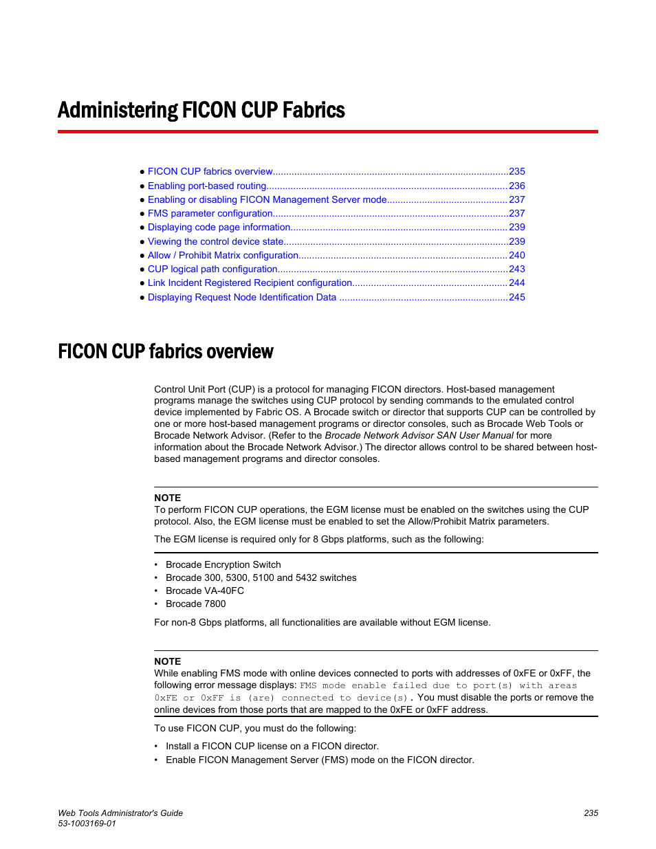 Administering ficon cup fabrics, Ficon cup fabrics overview | Brocade Web Tools Administrators Guide (Supporting Fabric OS v7.3.0) User Manual | Page 235 / 274