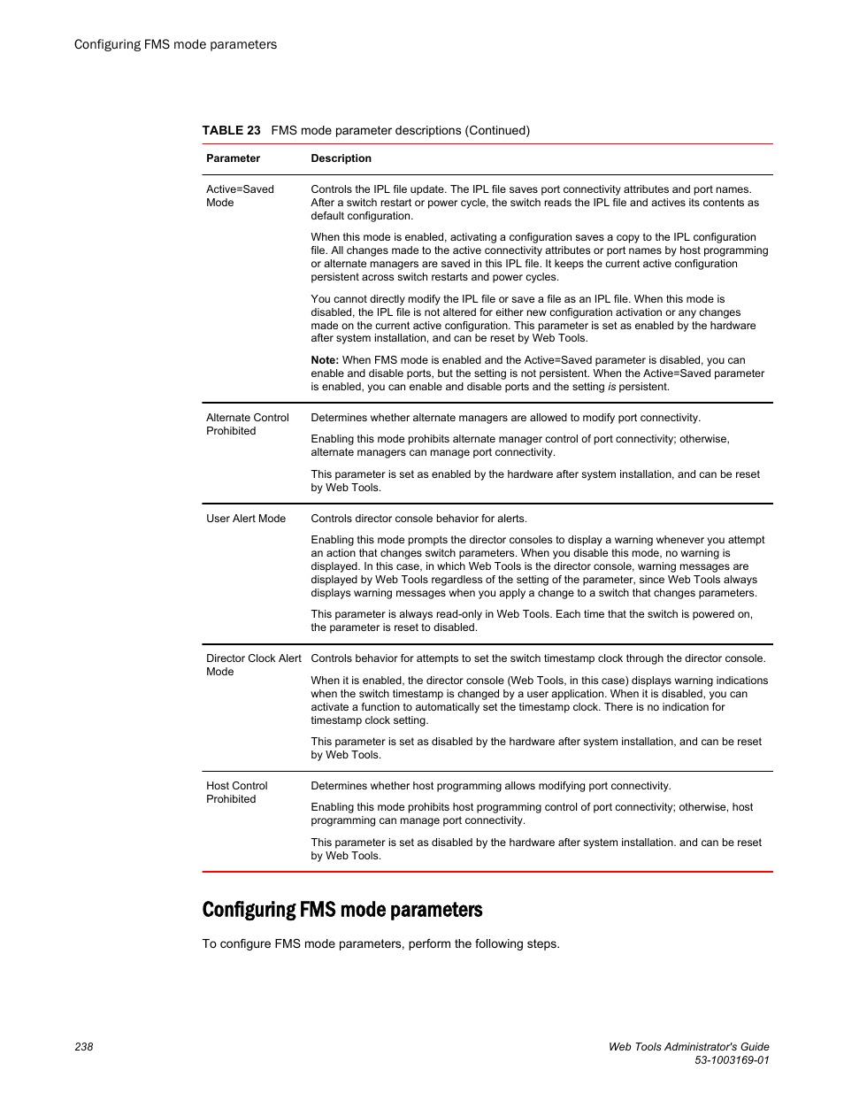 Configuring fms mode parameters | Brocade Web Tools Administrators Guide (Supporting Fabric OS v7.3.0) User Manual | Page 238 / 274