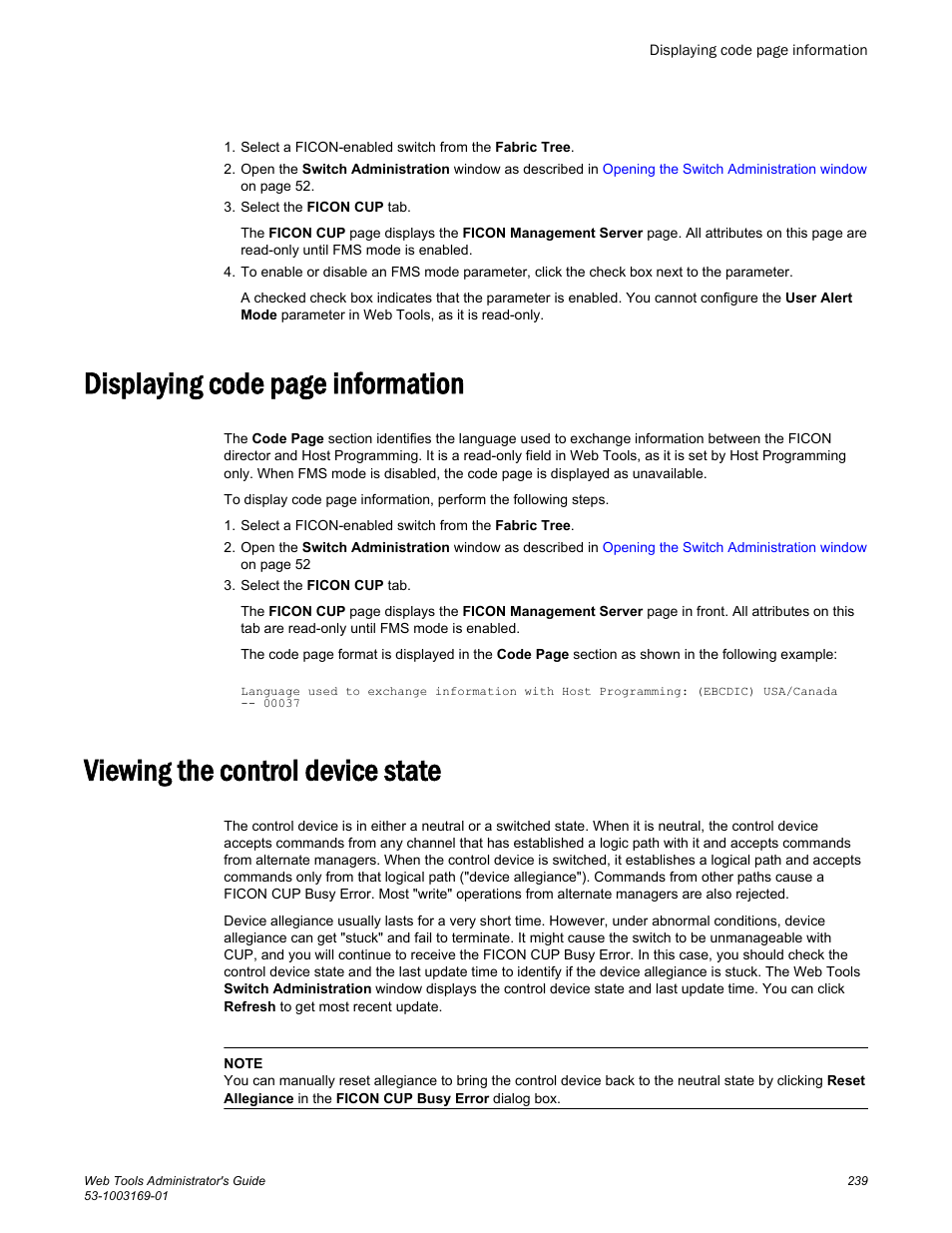 Viewing the control device state, Displaying code page information | Brocade Web Tools Administrators Guide (Supporting Fabric OS v7.3.0) User Manual | Page 239 / 274