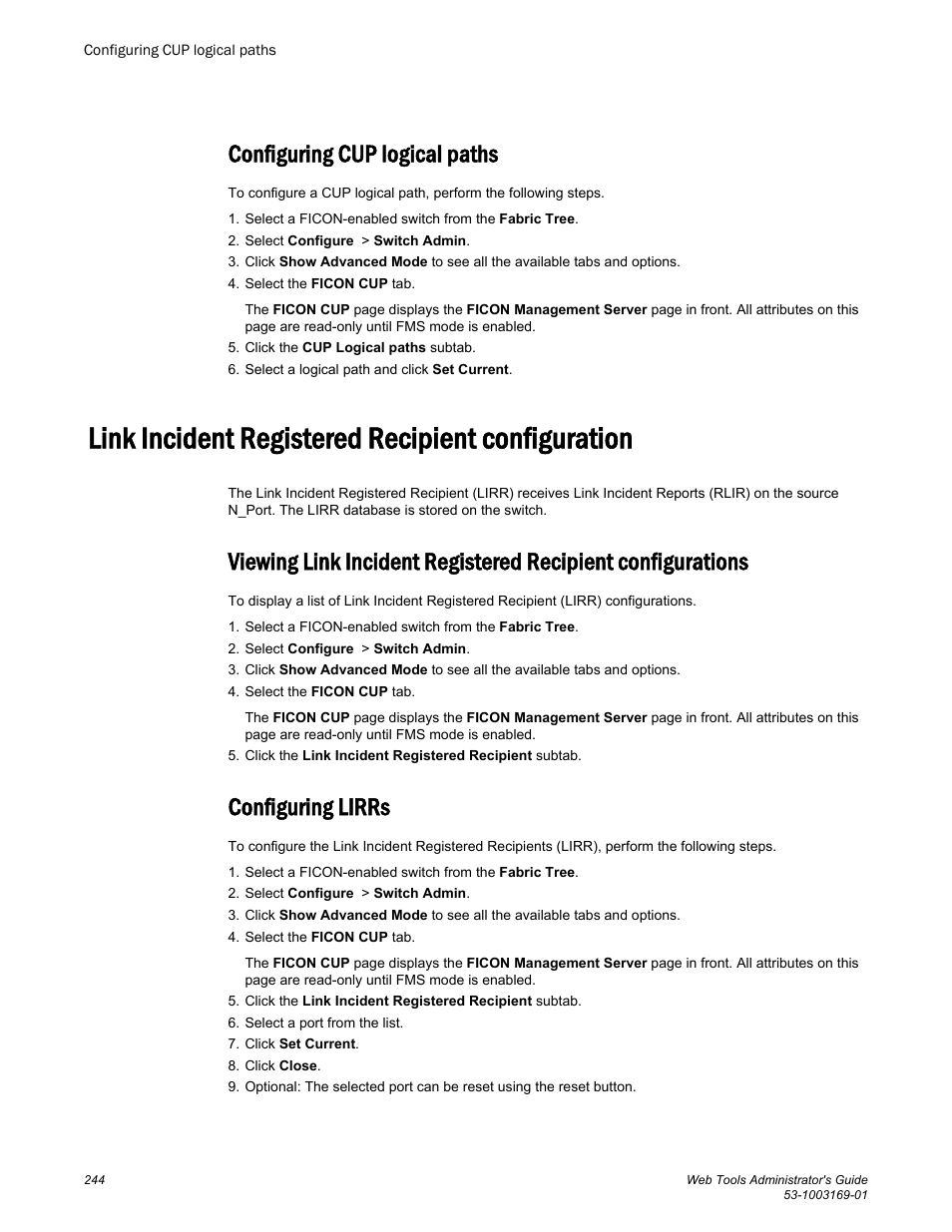 Configuring cup logical paths, Link incident registered recipient configuration, Configuring lirrs | Brocade Web Tools Administrators Guide (Supporting Fabric OS v7.3.0) User Manual | Page 244 / 274