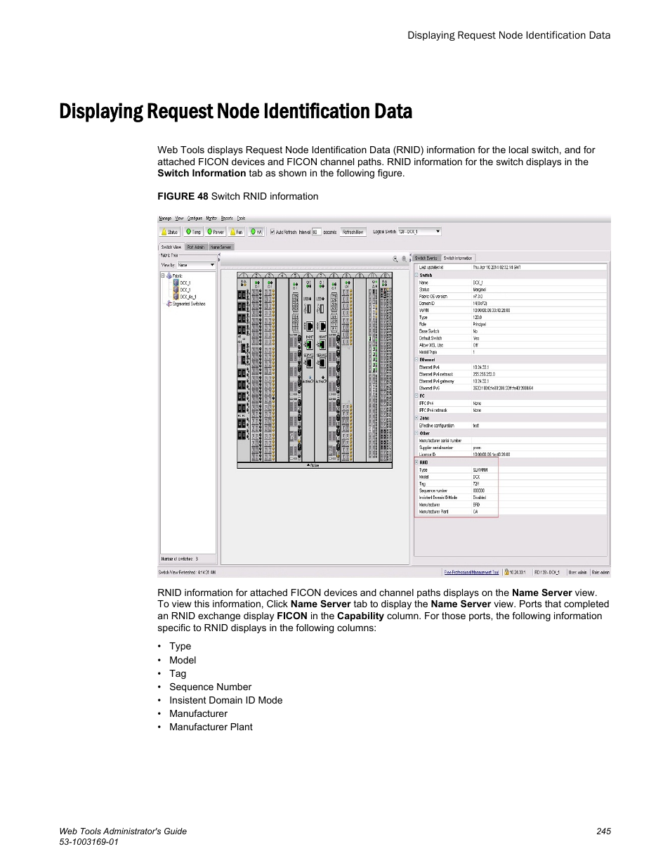 Displaying request node identification data | Brocade Web Tools Administrators Guide (Supporting Fabric OS v7.3.0) User Manual | Page 245 / 274