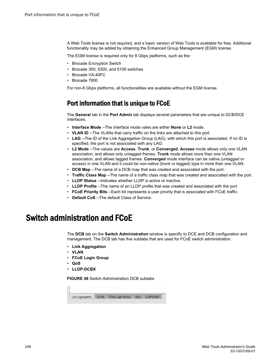 Port information that is unique to fcoe, Switch administration and fcoe | Brocade Web Tools Administrators Guide (Supporting Fabric OS v7.3.0) User Manual | Page 248 / 274