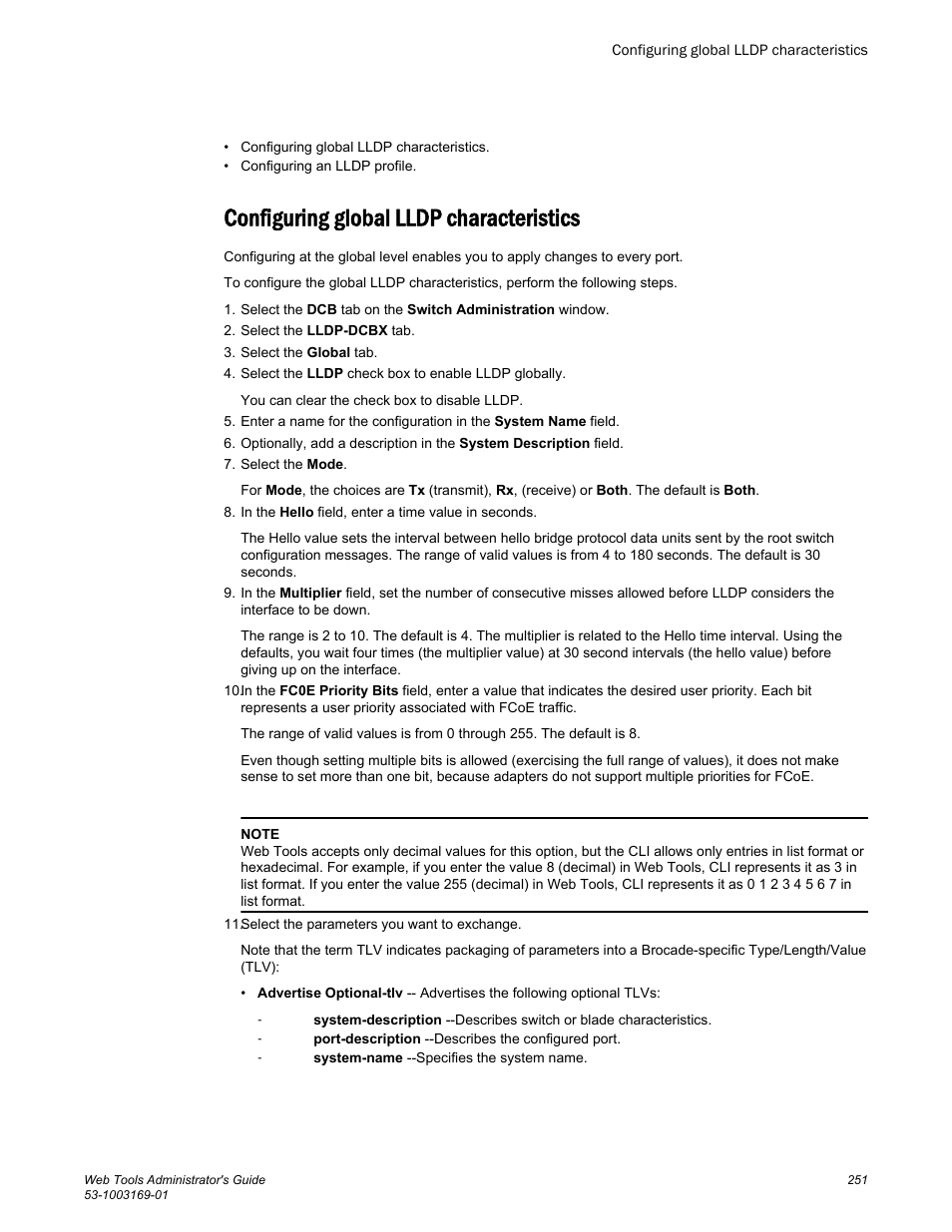 Configuring global lldp characteristics | Brocade Web Tools Administrators Guide (Supporting Fabric OS v7.3.0) User Manual | Page 251 / 274