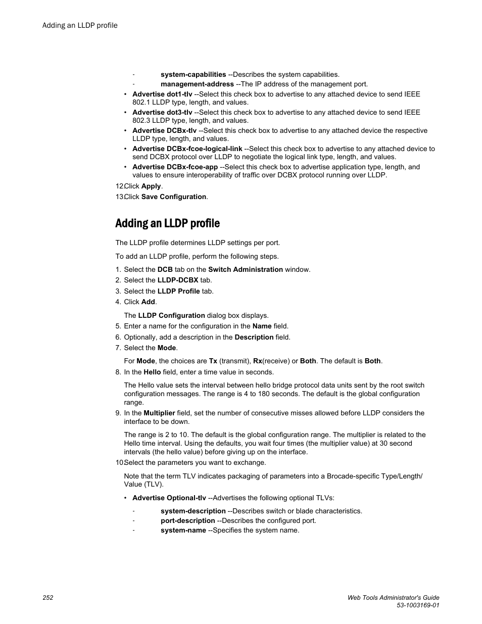 Adding an lldp profile | Brocade Web Tools Administrators Guide (Supporting Fabric OS v7.3.0) User Manual | Page 252 / 274