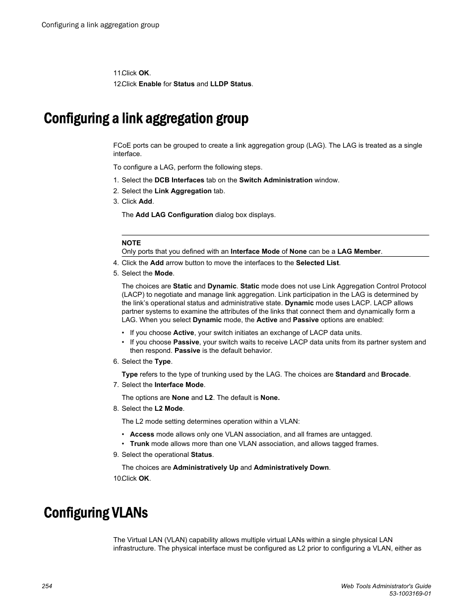 Configuring a link aggregation group, Configuring vlans | Brocade Web Tools Administrators Guide (Supporting Fabric OS v7.3.0) User Manual | Page 254 / 274