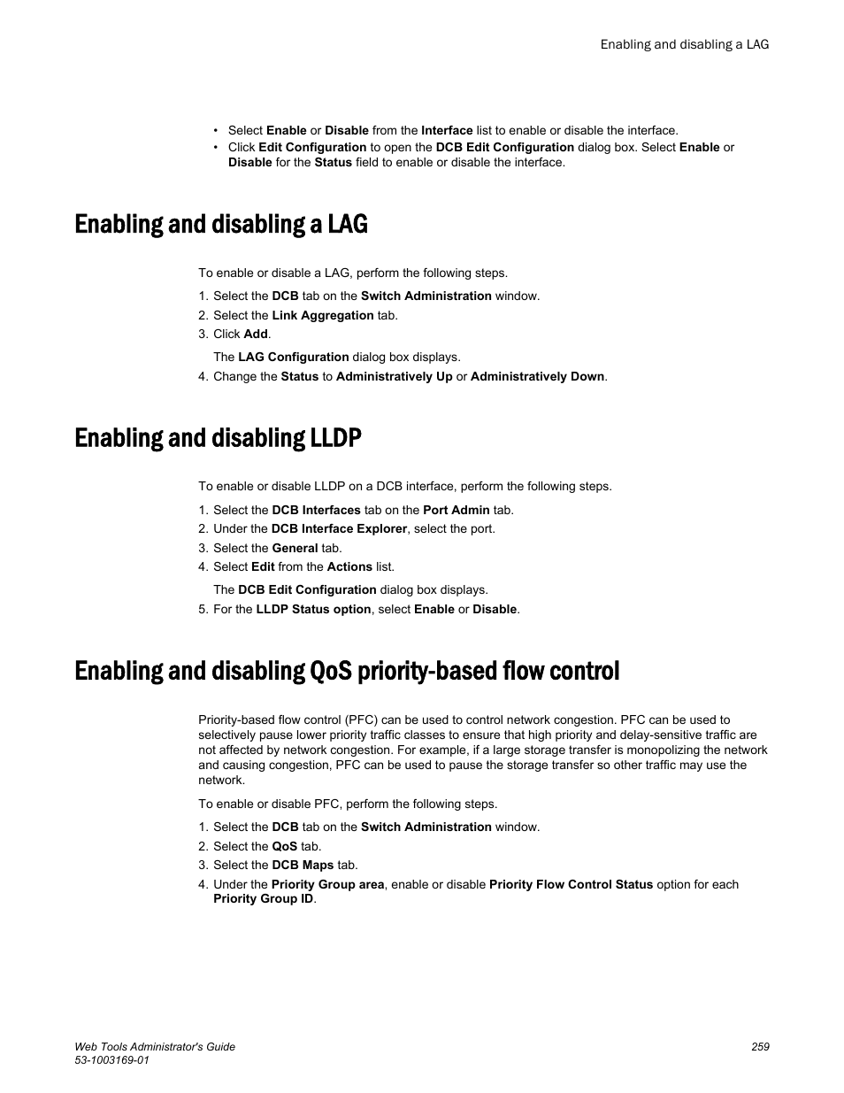 Enabling and disabling a lag, Enabling and disabling lldp | Brocade Web Tools Administrators Guide (Supporting Fabric OS v7.3.0) User Manual | Page 259 / 274