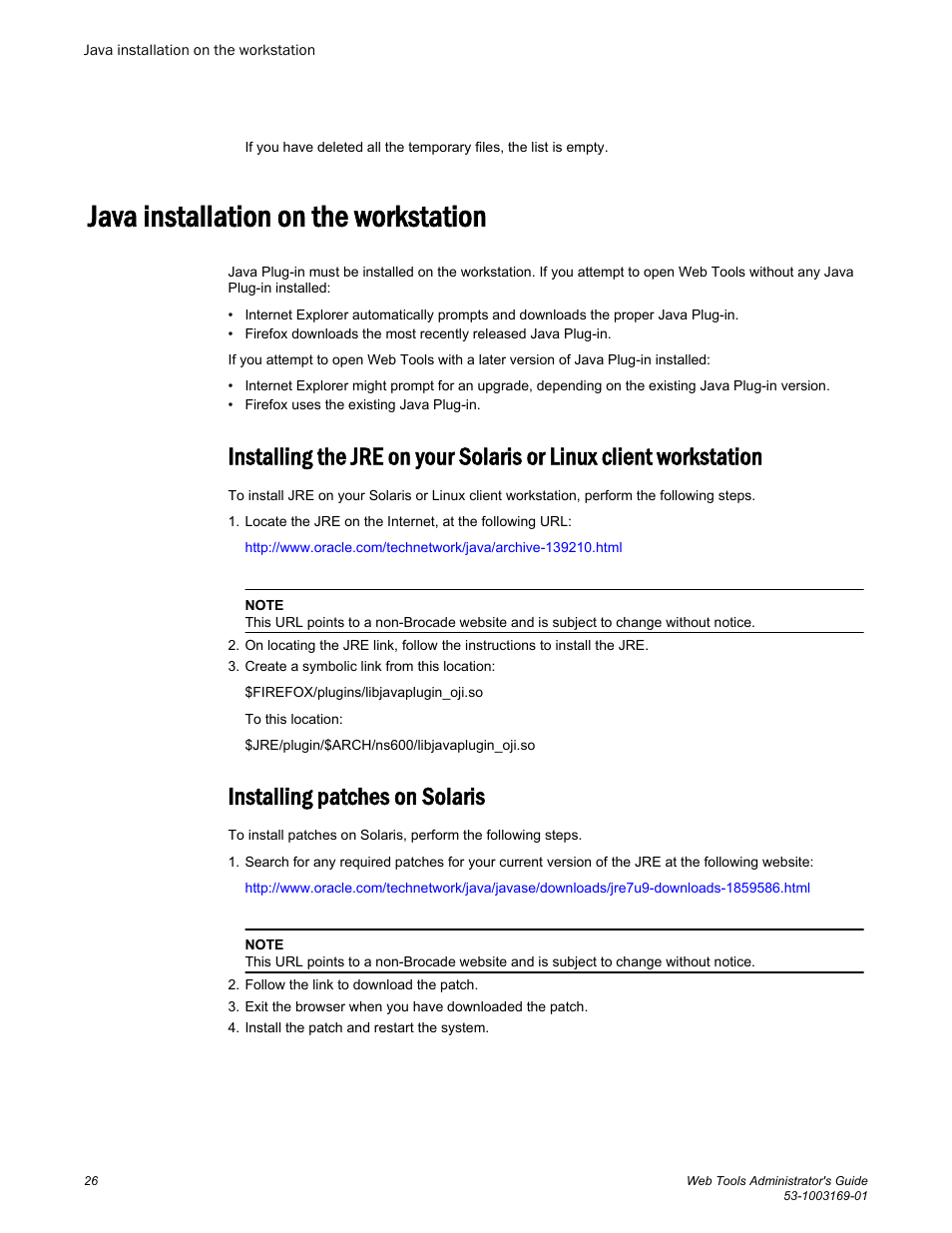 Java installation on the workstation, Installing patches on solaris | Brocade Web Tools Administrators Guide (Supporting Fabric OS v7.3.0) User Manual | Page 26 / 274