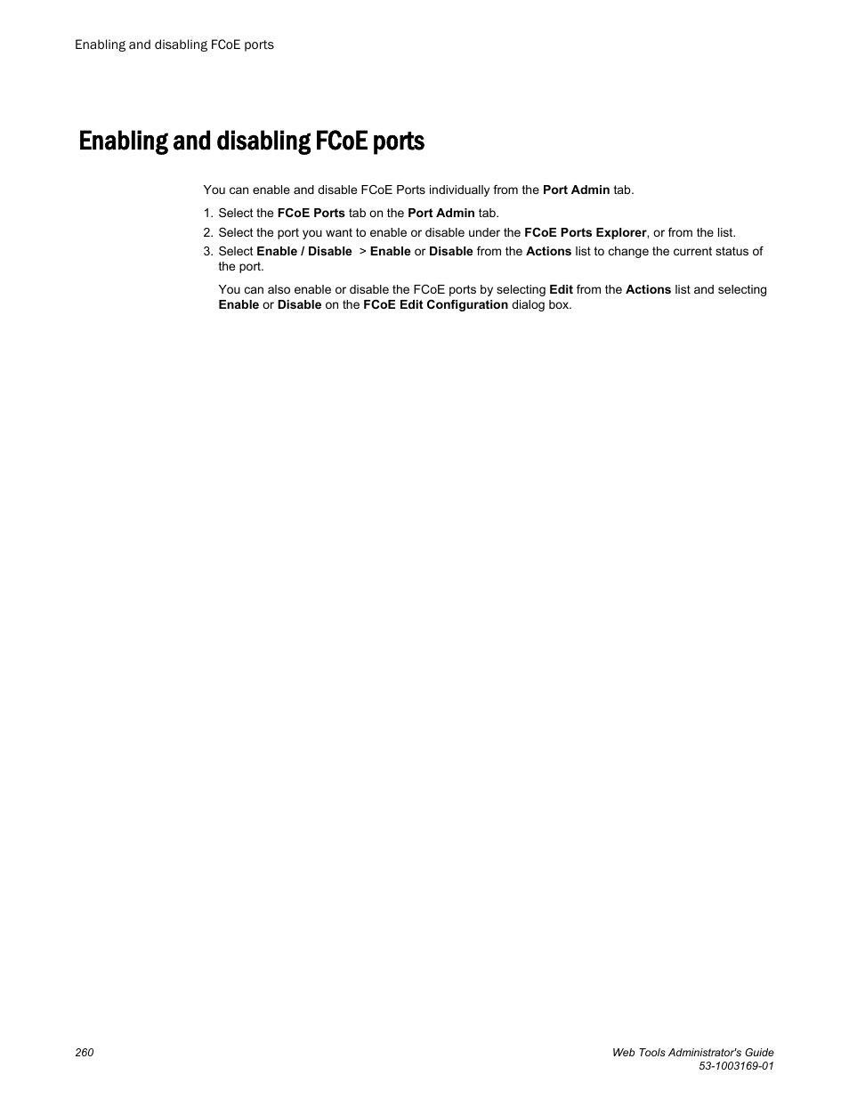 Enabling and disabling fcoe ports | Brocade Web Tools Administrators Guide (Supporting Fabric OS v7.3.0) User Manual | Page 260 / 274