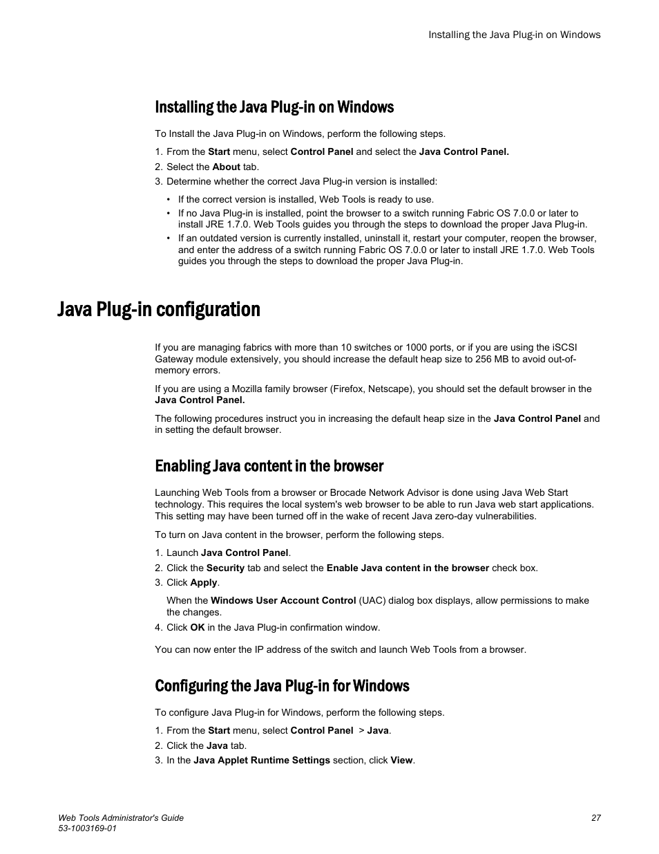 Installing the java plug-in on windows, Java plug-in configuration, Enabling java content in the browser | Configuring the java plug-in for windows | Brocade Web Tools Administrators Guide (Supporting Fabric OS v7.3.0) User Manual | Page 27 / 274