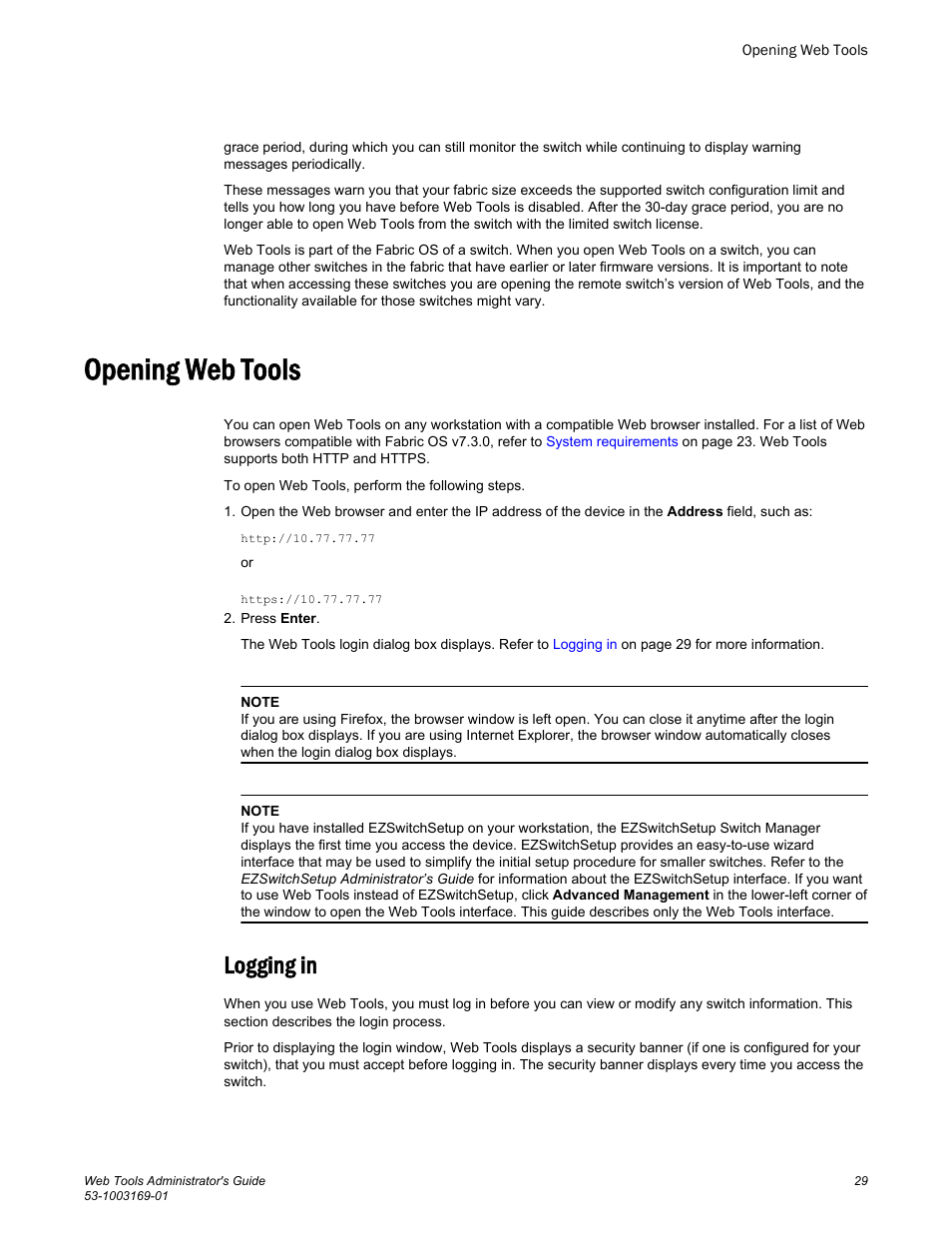 Opening web tools, Logging in | Brocade Web Tools Administrators Guide (Supporting Fabric OS v7.3.0) User Manual | Page 29 / 274