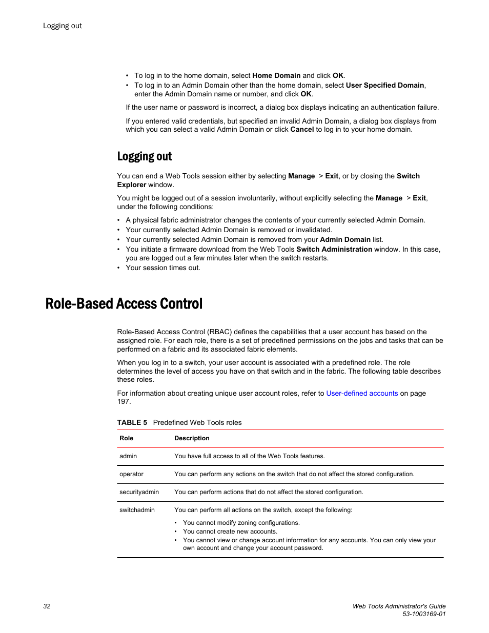 Logging out, Role-based access control | Brocade Web Tools Administrators Guide (Supporting Fabric OS v7.3.0) User Manual | Page 32 / 274