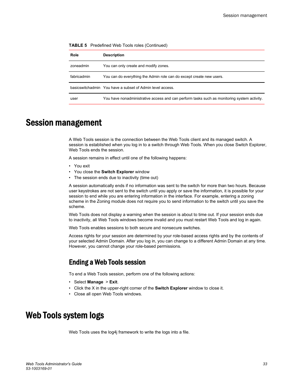 Session management, Ending a web tools session, Web tools system logs | Brocade Web Tools Administrators Guide (Supporting Fabric OS v7.3.0) User Manual | Page 33 / 274