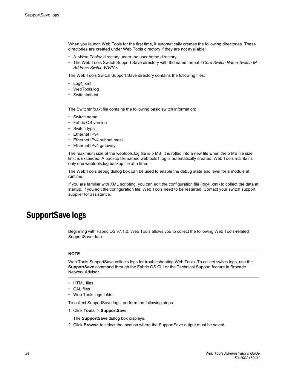 Supportsave logs | Brocade Web Tools Administrators Guide (Supporting Fabric OS v7.3.0) User Manual | Page 34 / 274