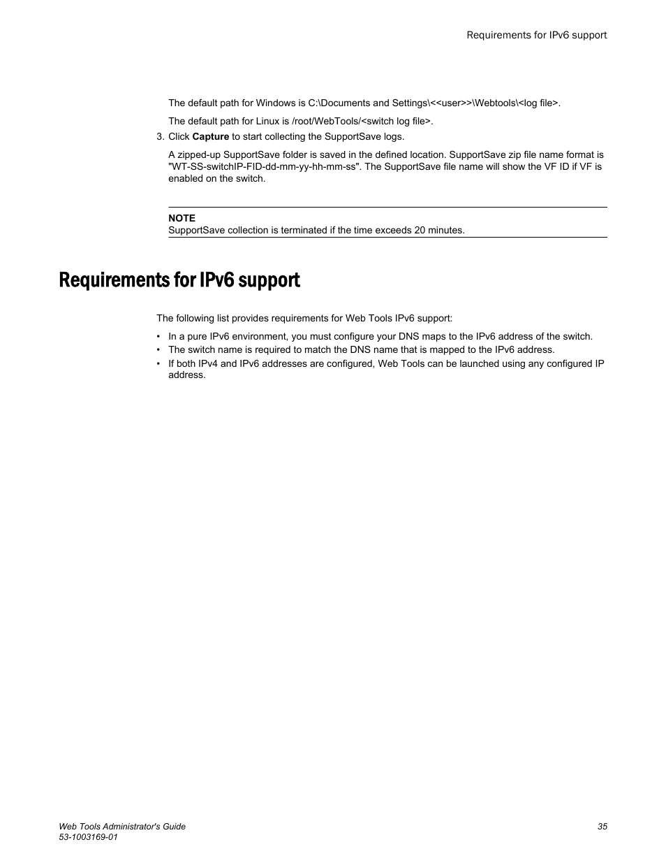 Requirements for ipv6 support | Brocade Web Tools Administrators Guide (Supporting Fabric OS v7.3.0) User Manual | Page 35 / 274