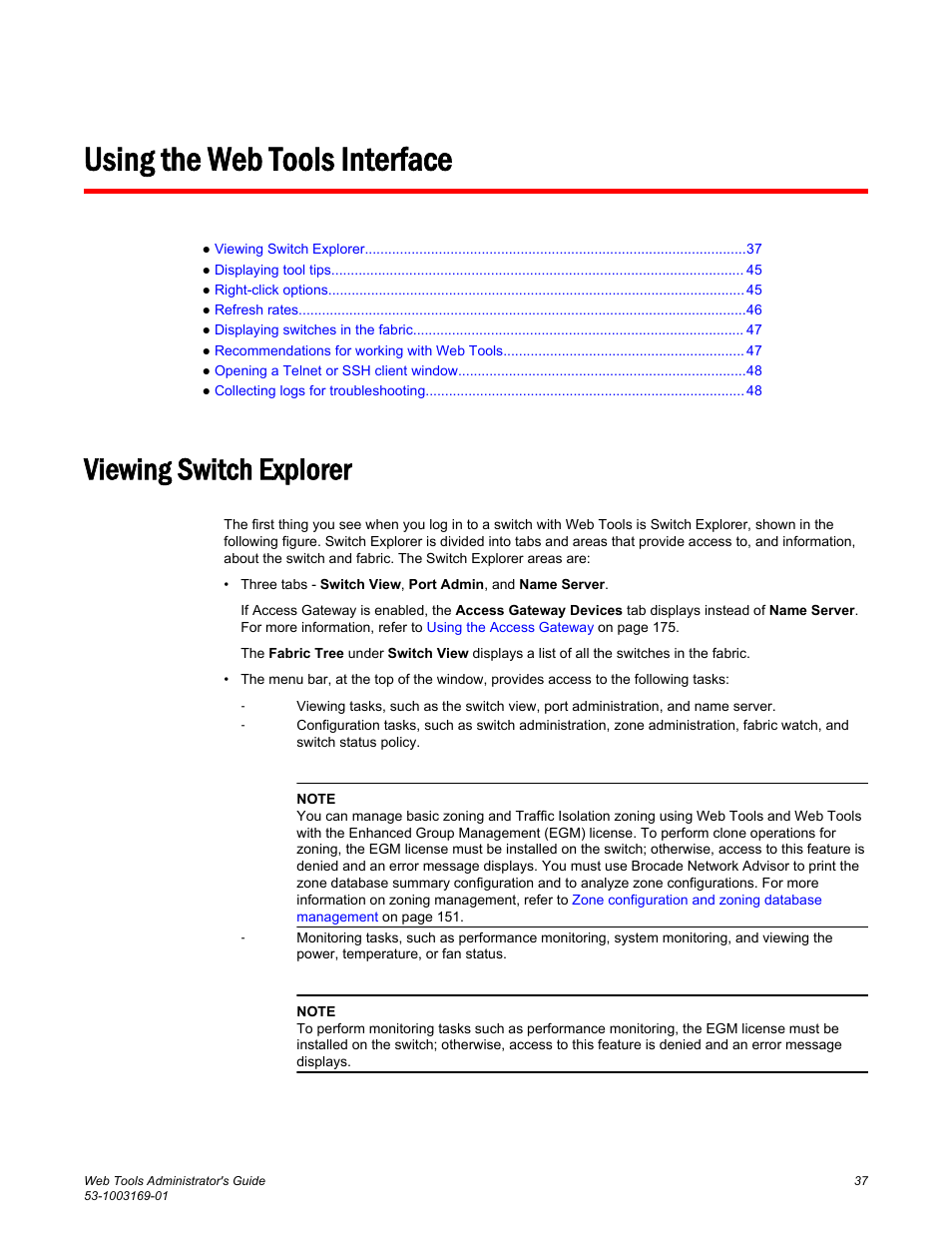 Using the web tools interface, Viewing switch explorer | Brocade Web Tools Administrators Guide (Supporting Fabric OS v7.3.0) User Manual | Page 37 / 274