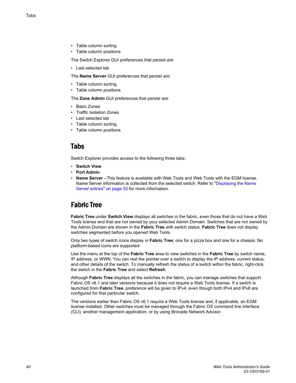 Tabs, Fabric tree, Tabs fabric tree | Brocade Web Tools Administrators Guide (Supporting Fabric OS v7.3.0) User Manual | Page 40 / 274