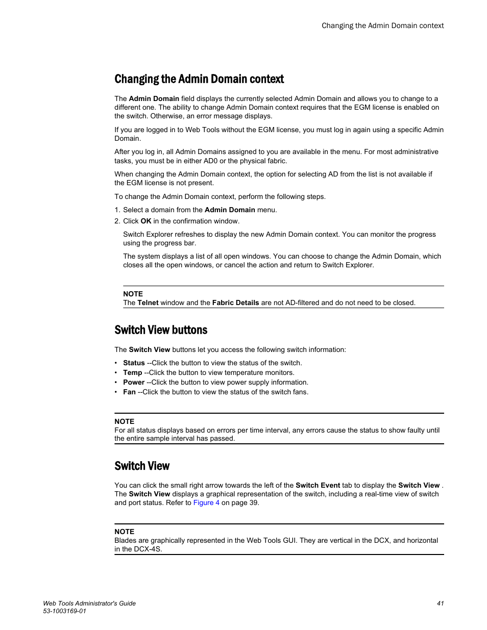 Changing the admin domain context, Switch view buttons, Switch view | Brocade Web Tools Administrators Guide (Supporting Fabric OS v7.3.0) User Manual | Page 41 / 274