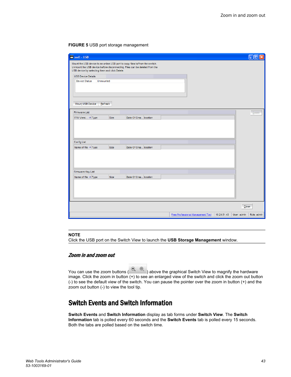 Zoom in and zoom out, Switch events and switch information | Brocade Web Tools Administrators Guide (Supporting Fabric OS v7.3.0) User Manual | Page 43 / 274