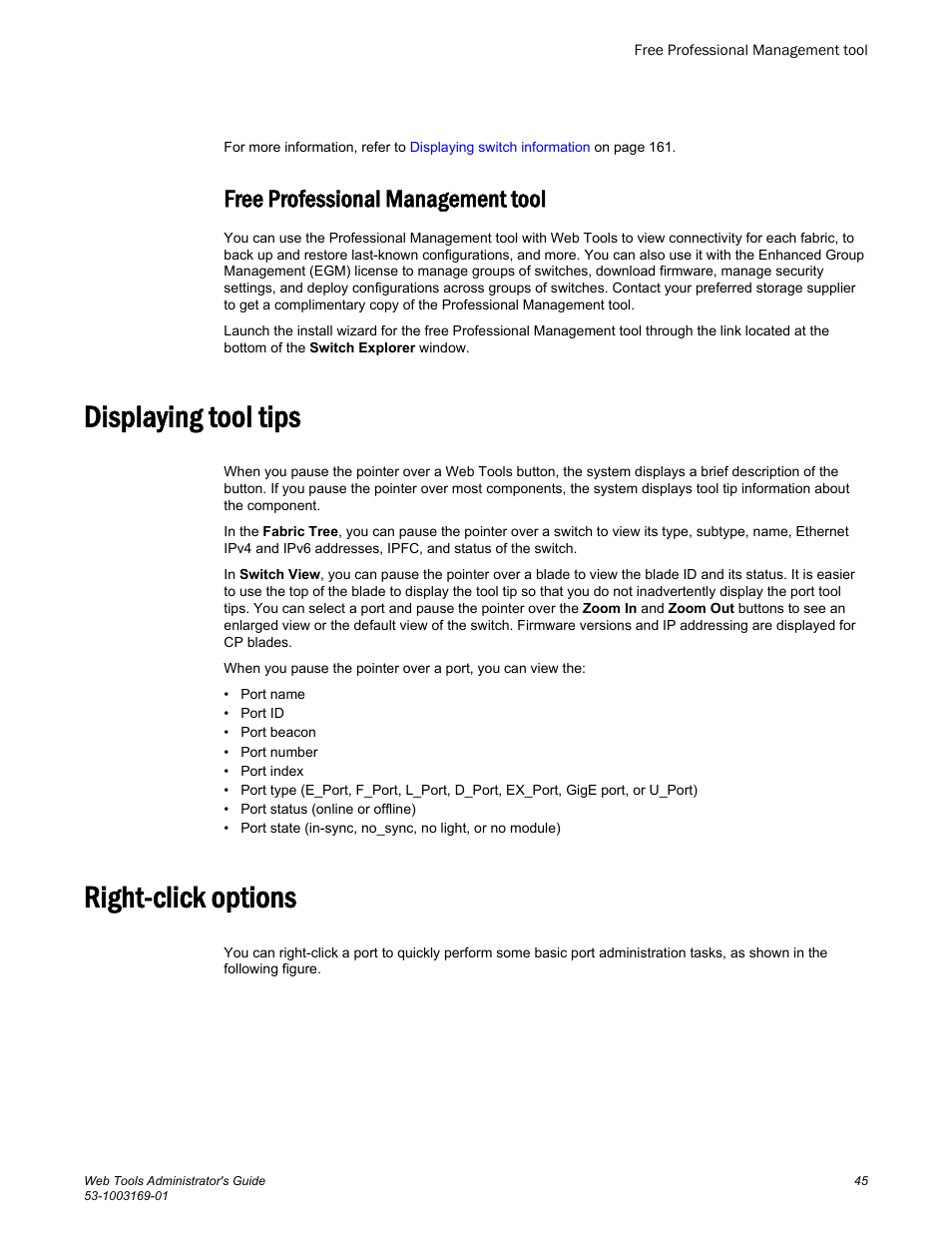 Free professional management tool, Displaying tool tips, Right-click options | Displaying tool tips right-click options | Brocade Web Tools Administrators Guide (Supporting Fabric OS v7.3.0) User Manual | Page 45 / 274