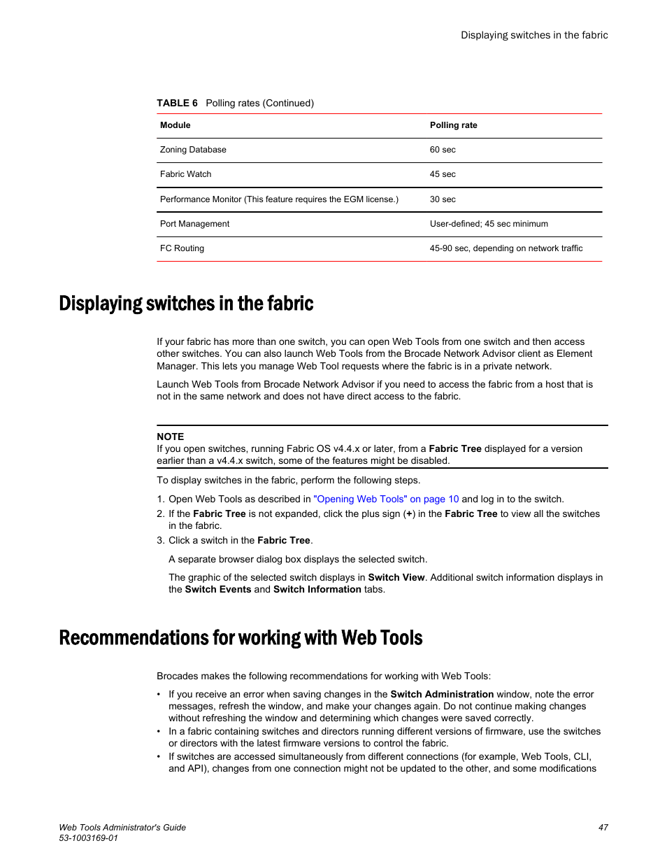 Displaying switches in the fabric, Recommendations for working with web tools | Brocade Web Tools Administrators Guide (Supporting Fabric OS v7.3.0) User Manual | Page 47 / 274
