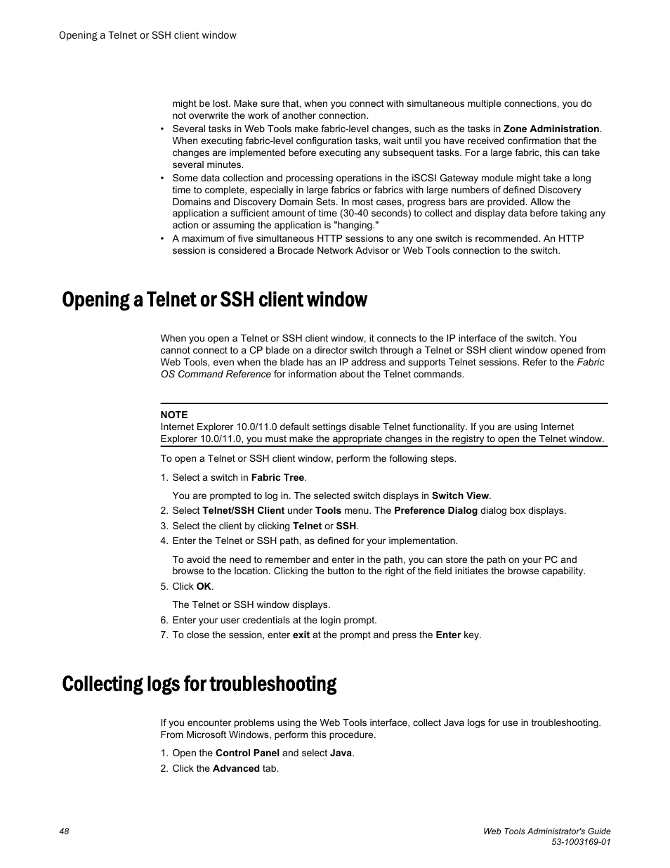 Opening a telnet or ssh client window, Collecting logs for troubleshooting | Brocade Web Tools Administrators Guide (Supporting Fabric OS v7.3.0) User Manual | Page 48 / 274