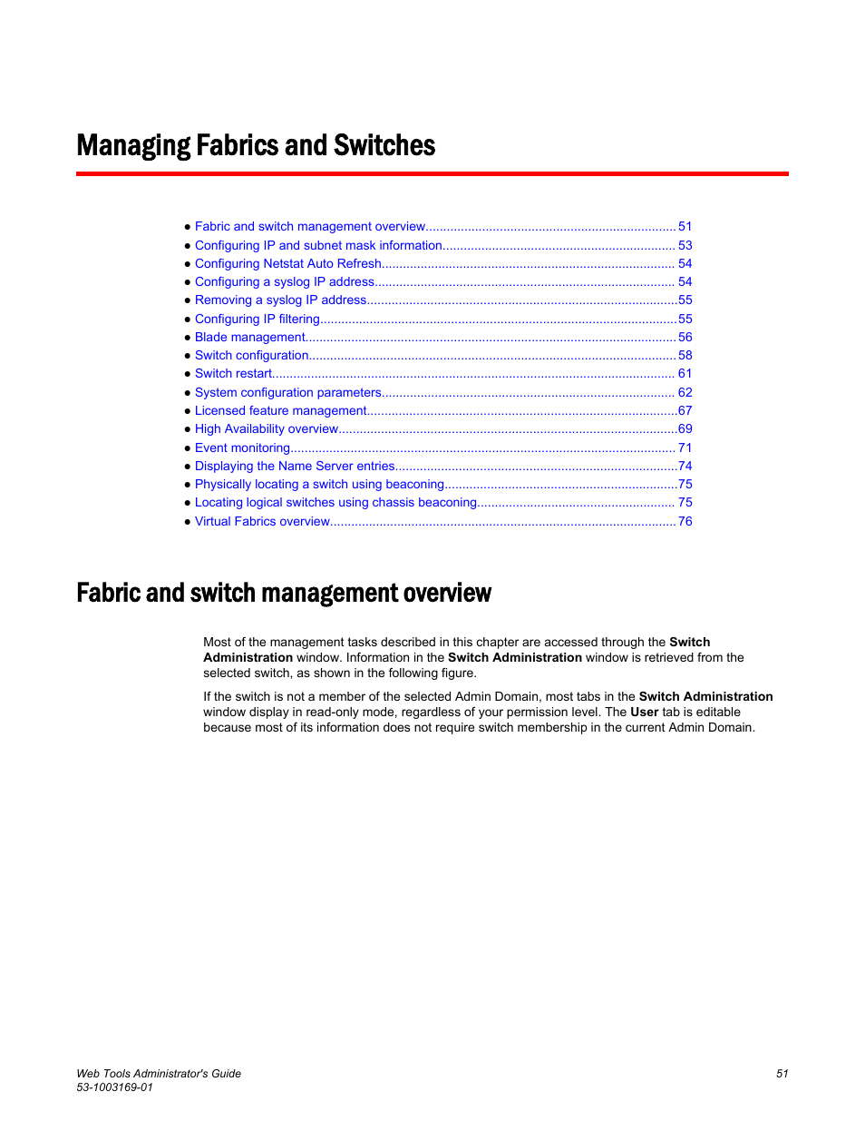 Managing fabrics and switches, Fabric and switch management overview | Brocade Web Tools Administrators Guide (Supporting Fabric OS v7.3.0) User Manual | Page 51 / 274