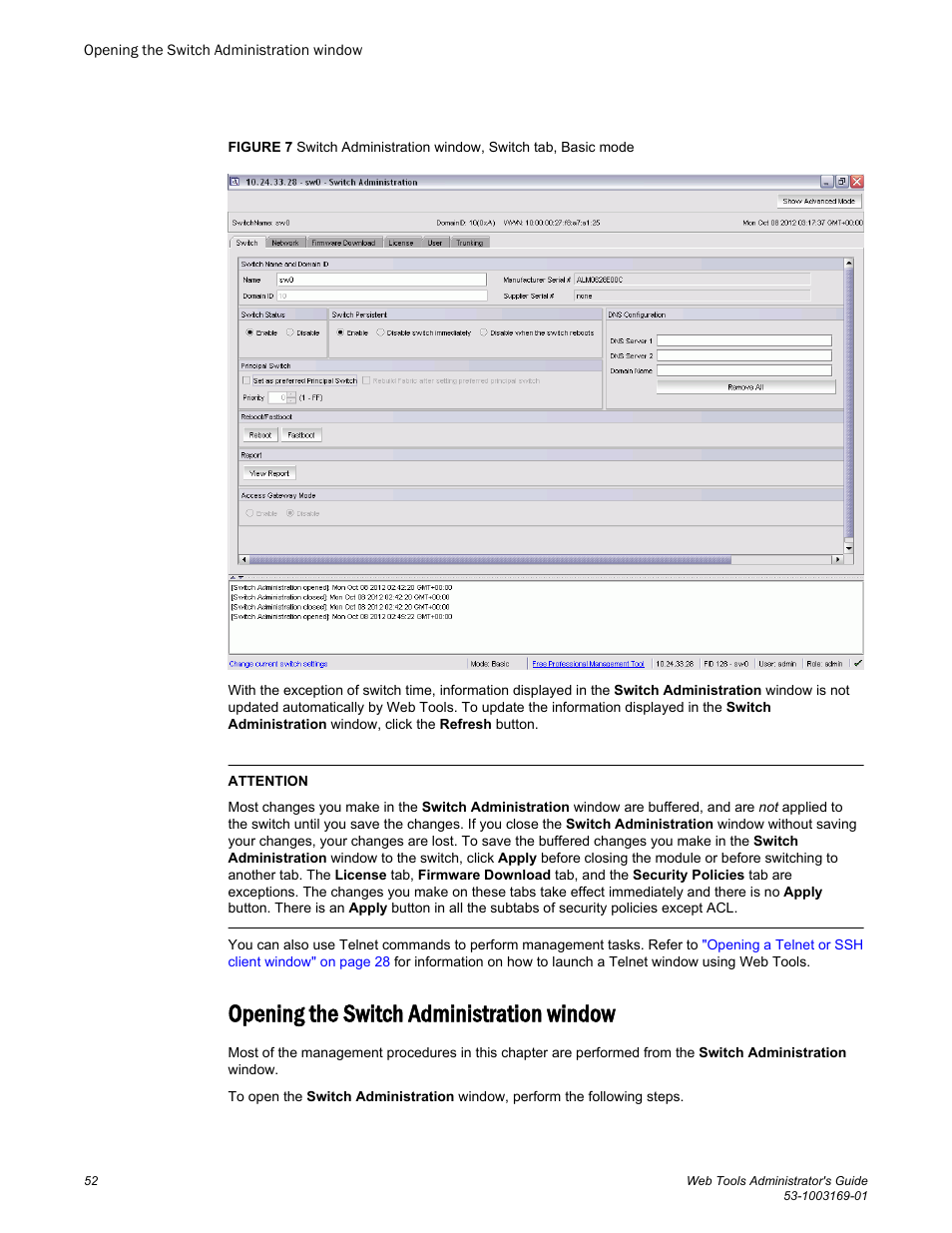 Opening the switch administration window | Brocade Web Tools Administrators Guide (Supporting Fabric OS v7.3.0) User Manual | Page 52 / 274