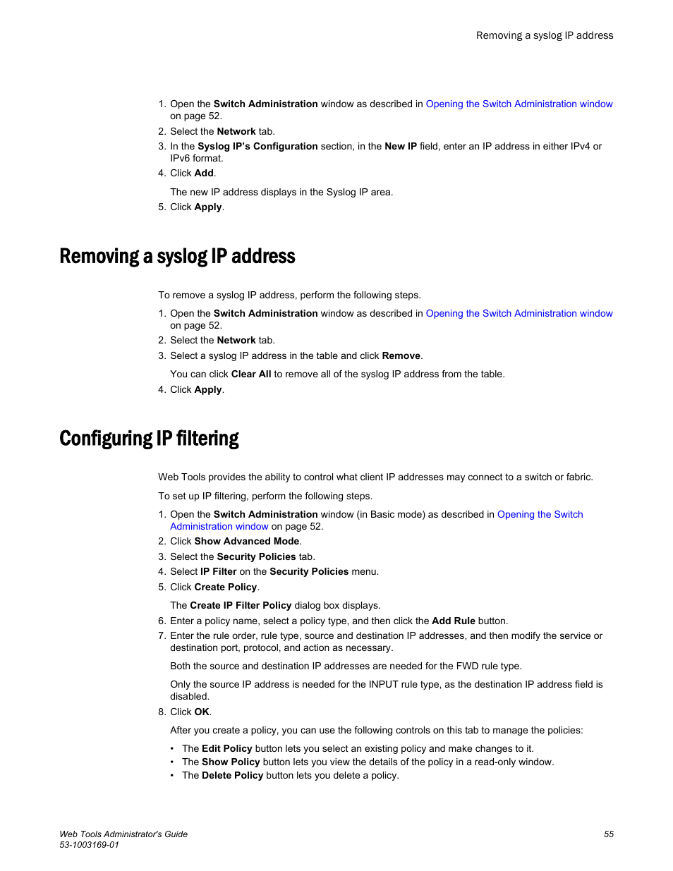 Removing a syslog ip address, Configuring ip filtering | Brocade Web Tools Administrators Guide (Supporting Fabric OS v7.3.0) User Manual | Page 55 / 274