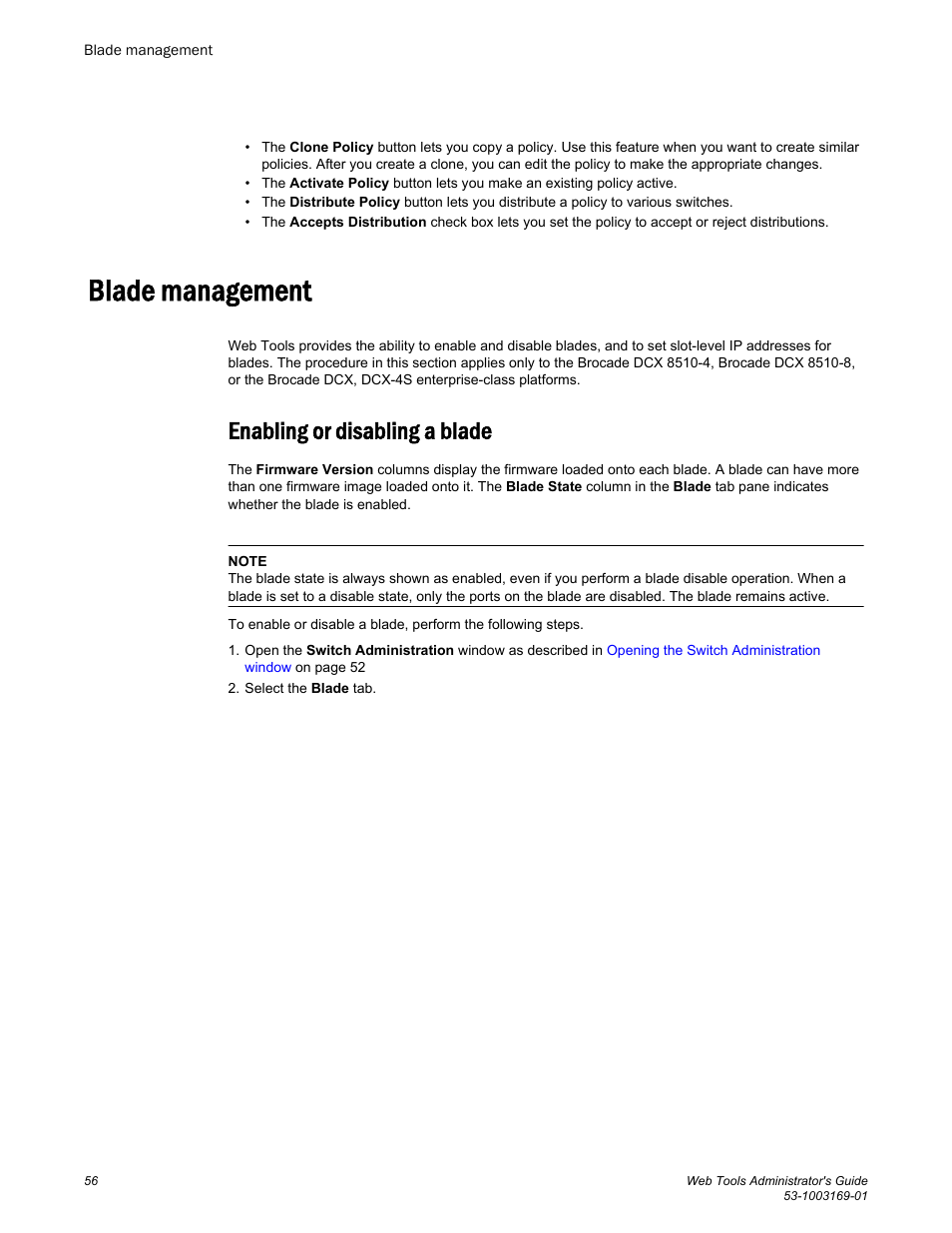 Blade management, Enabling or disabling a blade | Brocade Web Tools Administrators Guide (Supporting Fabric OS v7.3.0) User Manual | Page 56 / 274