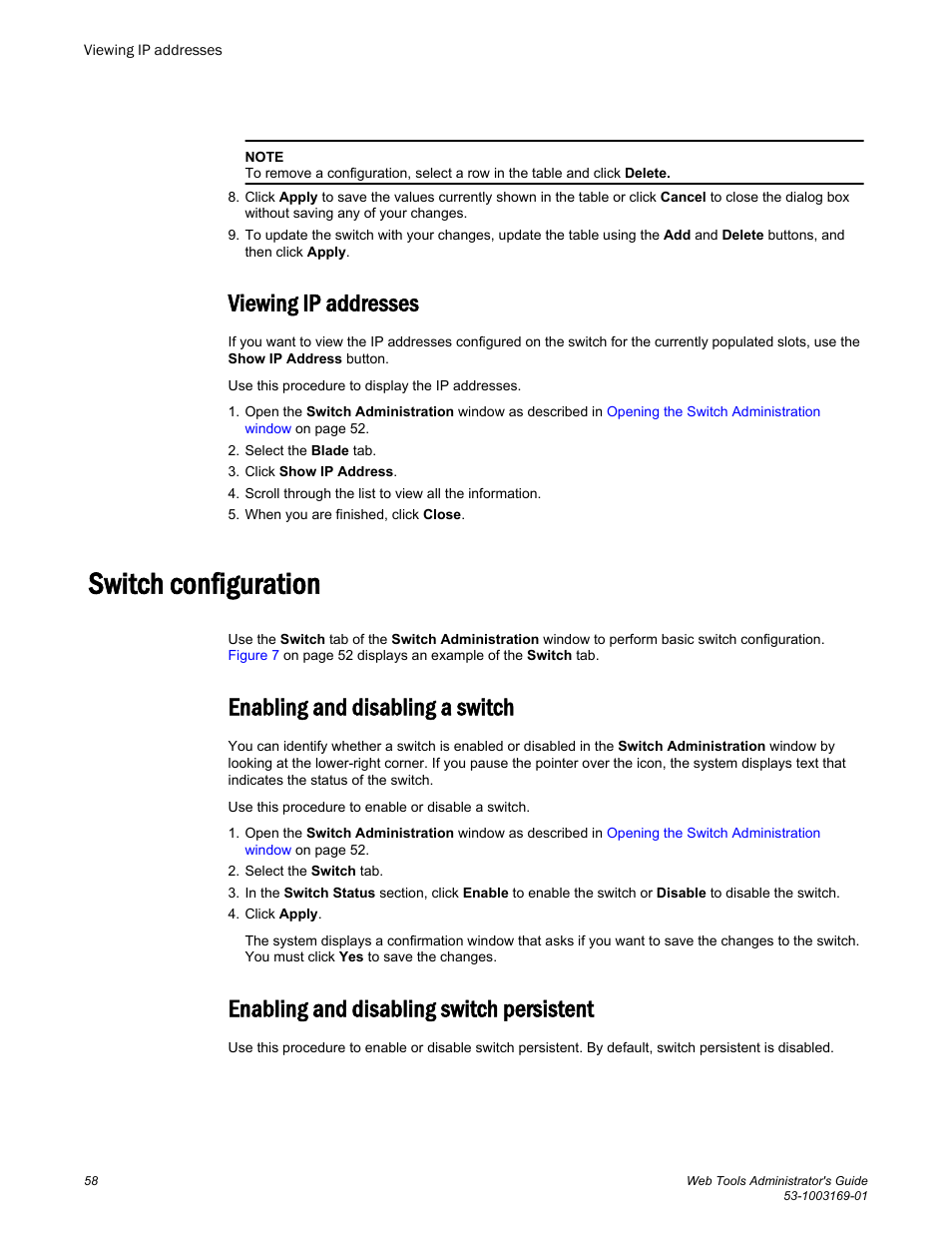 Viewing ip addresses, Switch configuration, Enabling and disabling a switch | Enabling and disabling switch persistent | Brocade Web Tools Administrators Guide (Supporting Fabric OS v7.3.0) User Manual | Page 58 / 274