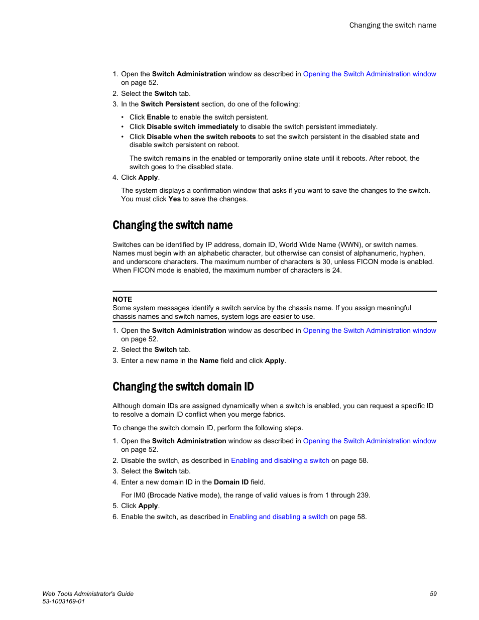 Changing the switch name, Changing the switch domain id | Brocade Web Tools Administrators Guide (Supporting Fabric OS v7.3.0) User Manual | Page 59 / 274