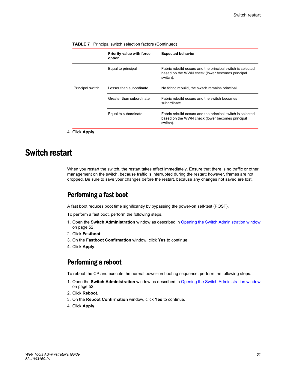 Switch restart, Performing a fast boot, Performing a reboot | Performing a fast boot performing a reboot | Brocade Web Tools Administrators Guide (Supporting Fabric OS v7.3.0) User Manual | Page 61 / 274