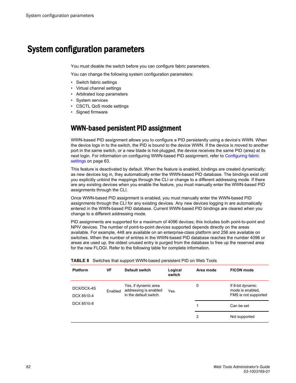 System configuration parameters, Wwn-based persistent pid assignment | Brocade Web Tools Administrators Guide (Supporting Fabric OS v7.3.0) User Manual | Page 62 / 274