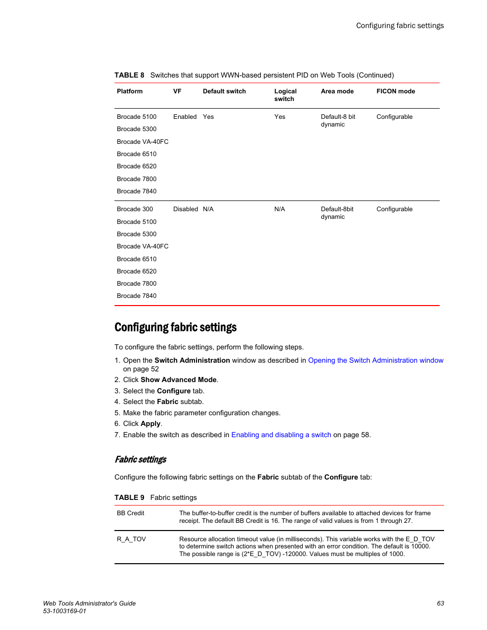 Configuring fabric settings, Fabric settings | Brocade Web Tools Administrators Guide (Supporting Fabric OS v7.3.0) User Manual | Page 63 / 274