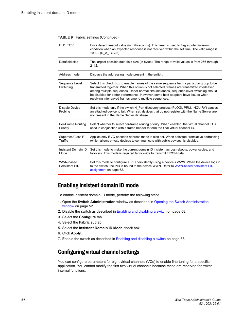 Enabling insistent domain id mode, Configuring virtual channel settings | Brocade Web Tools Administrators Guide (Supporting Fabric OS v7.3.0) User Manual | Page 64 / 274