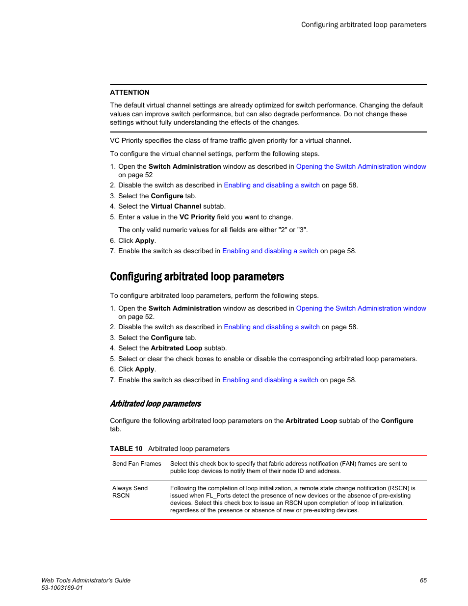 Configuring arbitrated loop parameters, Arbitrated loop parameters | Brocade Web Tools Administrators Guide (Supporting Fabric OS v7.3.0) User Manual | Page 65 / 274