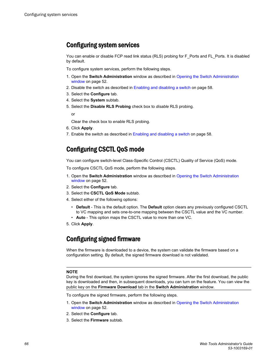 Configuring system services, Configuring csctl qos mode, Configuring signed firmware | Brocade Web Tools Administrators Guide (Supporting Fabric OS v7.3.0) User Manual | Page 66 / 274