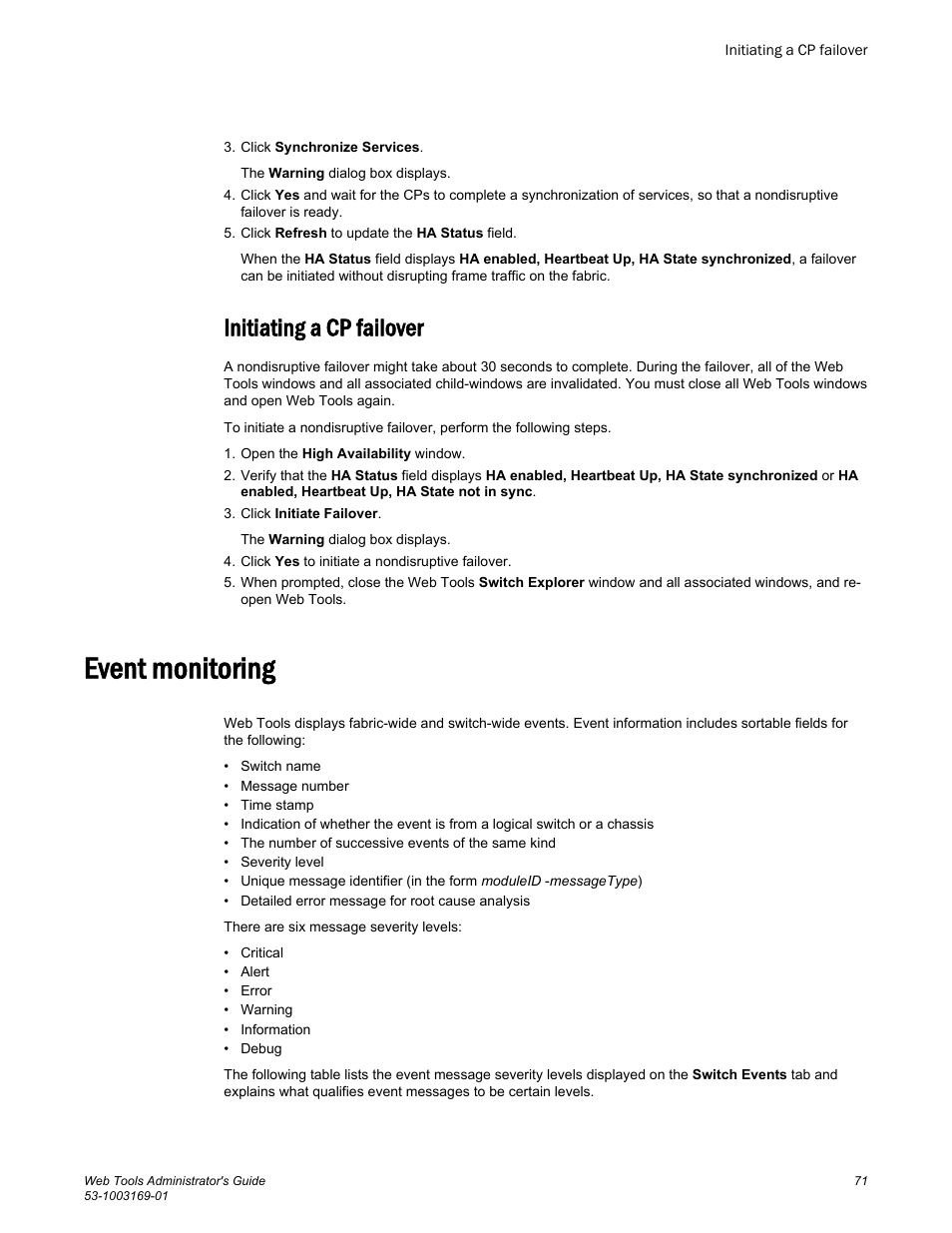 Initiating a cp failover, Event monitoring | Brocade Web Tools Administrators Guide (Supporting Fabric OS v7.3.0) User Manual | Page 71 / 274