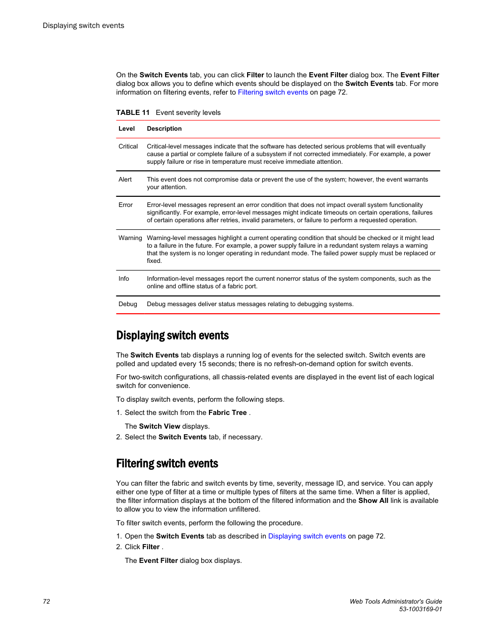 Displaying switch events, Filtering switch events, Displaying switch events filtering switch events | Brocade Web Tools Administrators Guide (Supporting Fabric OS v7.3.0) User Manual | Page 72 / 274