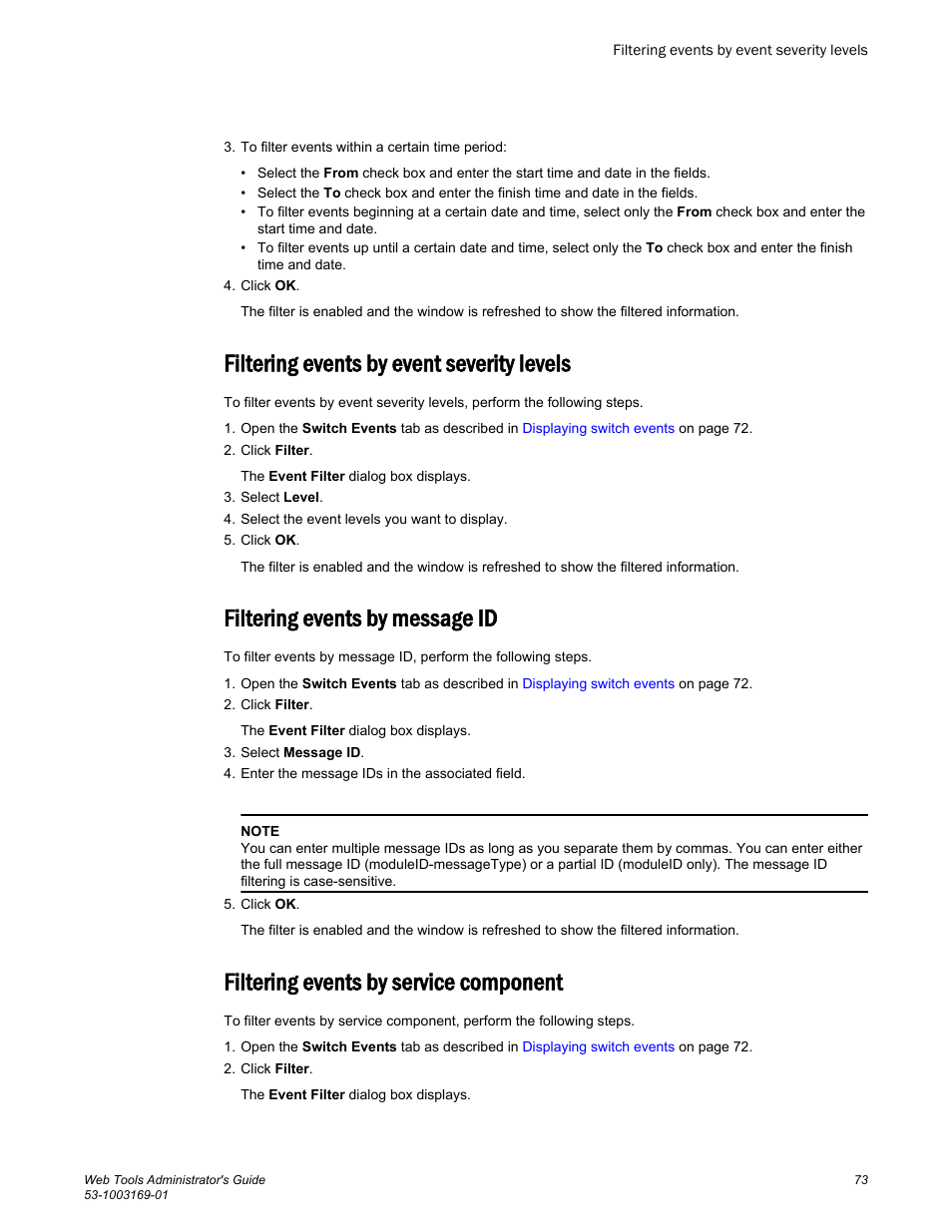 Filtering events by event severity levels, Filtering events by message id, Filtering events by service component | Brocade Web Tools Administrators Guide (Supporting Fabric OS v7.3.0) User Manual | Page 73 / 274