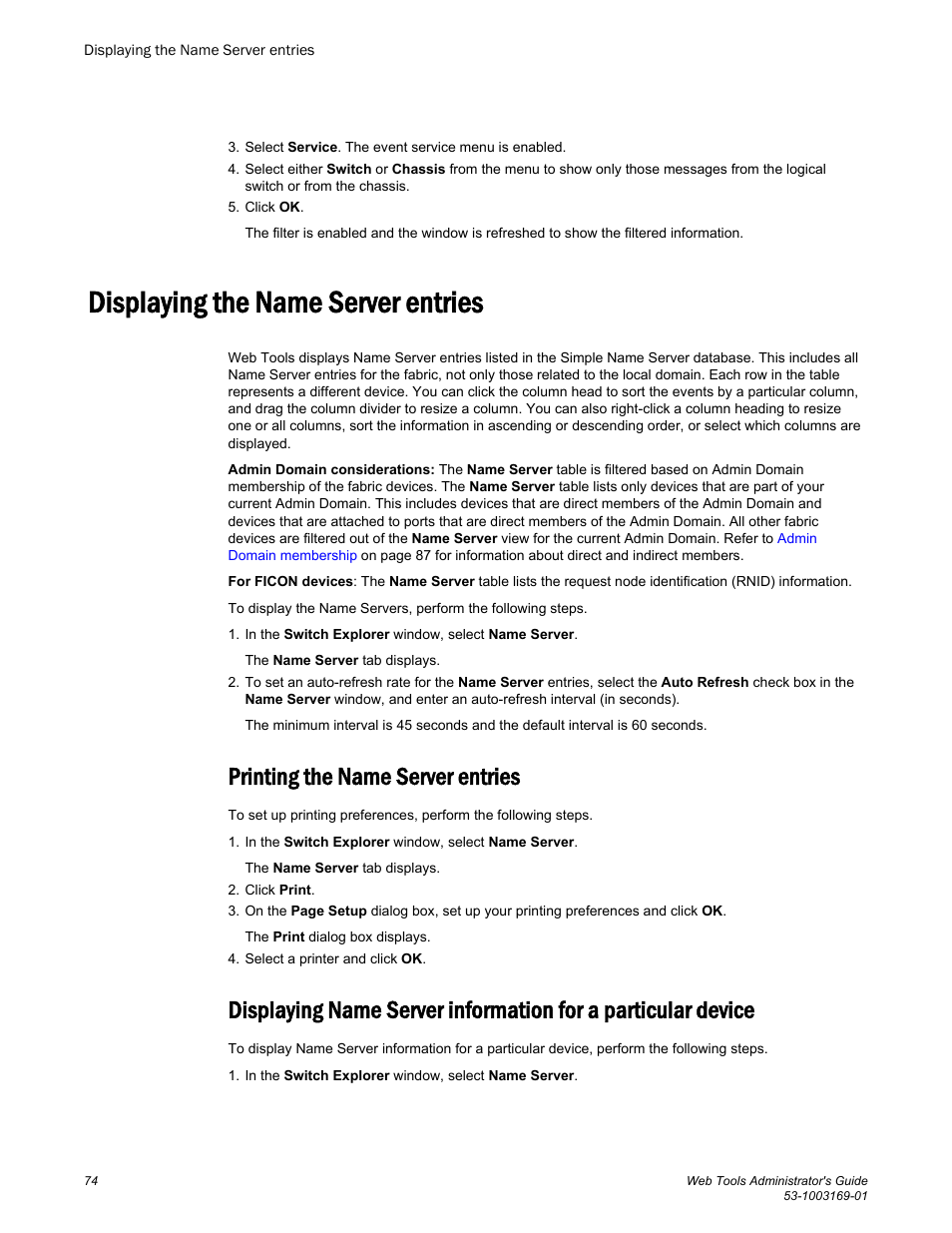 Displaying the name server entries, Printing the name server entries | Brocade Web Tools Administrators Guide (Supporting Fabric OS v7.3.0) User Manual | Page 74 / 274