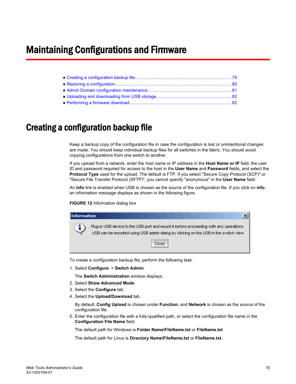 Maintaining configurations and firmware, Creating a configuration backup file | Brocade Web Tools Administrators Guide (Supporting Fabric OS v7.3.0) User Manual | Page 79 / 274